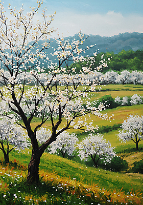 JPG 일러스트 하늘 잔디 사람없음 봄풍경 풀 벚나무 그림 산속 유화 국내일러스트 AI일러스트 AI콘텐츠 나무 식물 산 미술 풍경 봄 벚꽃 파일형식