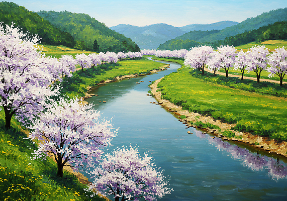 JPG 일러스트 사람없음 강 반사 봄풍경 벚나무 그림 산속 유화 국내일러스트 AI일러스트 AI콘텐츠 나무 산 미술 풍경 봄 벚꽃 파일형식