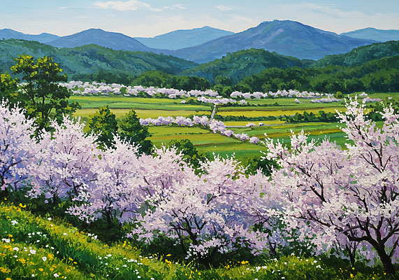 JPG 꽃밭 일러스트 잔디 사람없음 봄풍경 풀 벚나무 그림 산속 유화 국내일러스트 AI일러스트 AI콘텐츠 나무 식물 꽃 산 미술 풍경 봄 벚꽃 파일형식