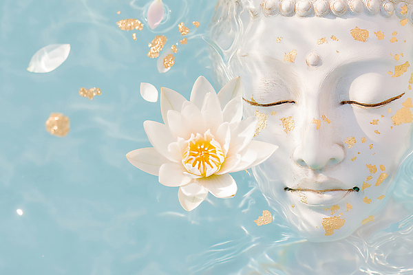 JPG 편집이미지 얼굴 불교 연꽃 미소 사람없음 평화 눈감음 수면 연잎 부처님상 편집실사 AI포토 AI콘텐츠 꽃 종교 컨셉 잎 모션 표정 신체부위 물 불상 CG 부처 파일형식