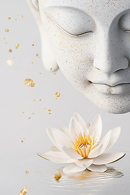 JPG 편집이미지 얼굴 불교 연꽃 미소 사람없음 평화 눈감음 수면 금가루 부처님상 편집실사 AI포토 AI콘텐츠 꽃 종교 컨셉 모션 표정 신체부위 물 가루 불상 CG 부처 파일형식