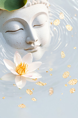 JPG 편집이미지 얼굴 불교 연꽃 미소 사람없음 평화 눈감음 수면 연잎 금가루 부처님상 편집실사 AI포토 AI콘텐츠 꽃 종교 컨셉 잎 모션 표정 신체부위 물 가루 불상 CG 부처 파일형식