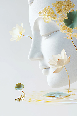 JPG 편집이미지 얼굴 불교 연꽃 미소 사람없음 평화 눈감음 수면 연잎 금가루 부처님상 편집실사 AI포토 AI콘텐츠 꽃 종교 컨셉 잎 모션 표정 신체부위 물 가루 불상 CG 부처 파일형식