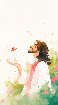 JPG 남자 꽃 기독교 나비 일러스트 수채화 한명 미소 상반신 성인 손들기 천주교 풀 번짐 성인남자한명만 국내일러스트 AI일러스트 AI콘텐츠 식물 1 종교 곤충 모션 표정 사람 남자한명만 성인남자만 파일형식 효과