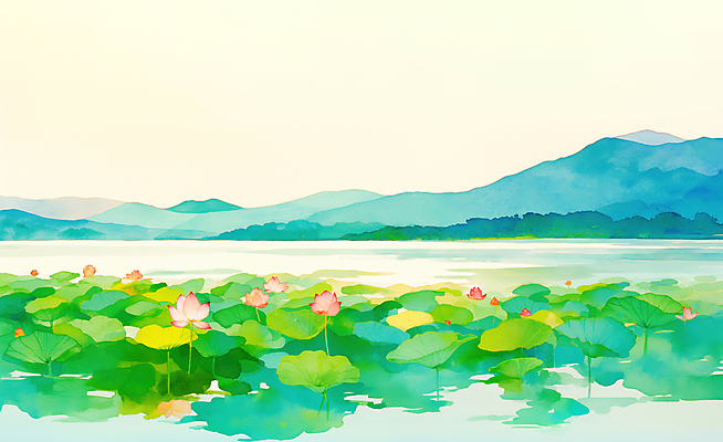 JPG 호수 불교 일러스트 하늘 수채화 산 연꽃 사람없음 반사 부처님오신날 연잎 국내일러스트 AI일러스트 AI콘텐츠 기념일 꽃 종교 잎 파일형식