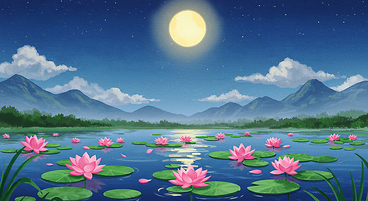 JPG 구름 호수 야경 불교 일러스트 밤하늘 산 연꽃 사람없음 부처님오신날 연잎 국내일러스트 AI일러스트 AI콘텐츠 자연요소 기념일 꽃 종교 잎 하늘 야간 파일형식 풍경_경치