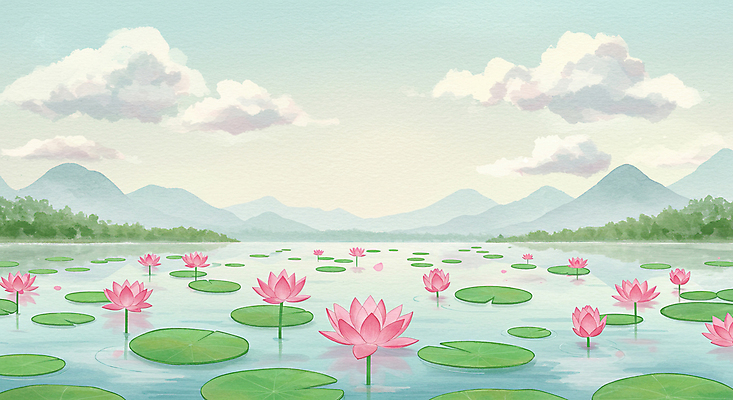 JPG 구름 호수 불교 일러스트 하늘 산 연꽃 풍경 사람없음 부처님오신날 연잎 국내일러스트 AI일러스트 AI콘텐츠 자연요소 기념일 꽃 종교 잎 파일형식
