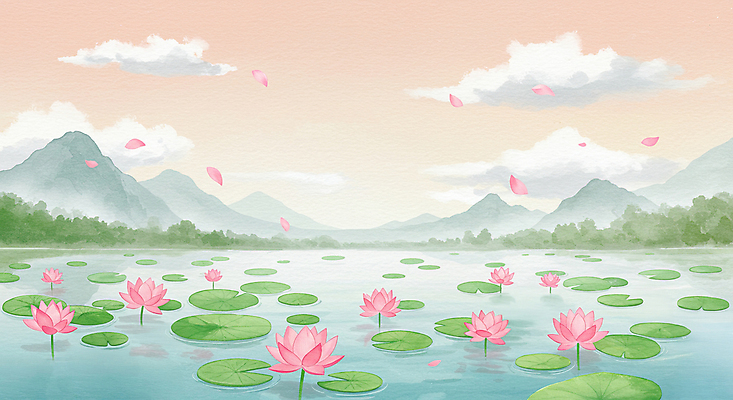 JPG 구름 꽃잎 호수 불교 일러스트 하늘 산 연꽃 풍경 사람없음 노을 부처님오신날 연잎 국내일러스트 AI일러스트 AI콘텐츠 자연요소 기념일 꽃 종교 잎 파일형식