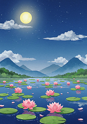 JPG 구름 꽃잎 호수 야경 불교 일러스트 밤하늘 산 연꽃 사람없음 반사 부처님오신날 연잎 국내일러스트 AI일러스트 AI콘텐츠 자연요소 기념일 꽃 종교 잎 하늘 야간 파일형식 풍경_경치