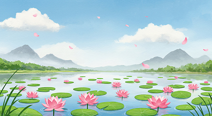 JPG 구름 꽃잎 호수 불교 일러스트 하늘 산 연꽃 풍경 사람없음 부처님오신날 연잎 국내일러스트 AI일러스트 AI콘텐츠 자연요소 기념일 꽃 종교 잎 파일형식