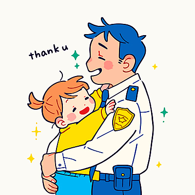 여자 남자 어린이 일러스트 포옹 미소 소녀 상반신 성인 두명 반짝임 감사 경찰복 땡큐 국내일러스트 일러캐릭터 AI파일 캐릭터 감정 유니폼 안기 모션 표정 사람 경찰 파일형식 벡터