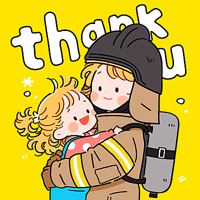 여자 어린이 일러스트 안기 미소 소녀 상반신 성인 두명 노란색 소방관 감사 땡큐 소방관모자 여자만 방호복 일러캐릭터 AI파일 캐릭터 모자_잡화 옷 감정 컬러 모션 표정 사람 구조원 소방 파일형식 벡터