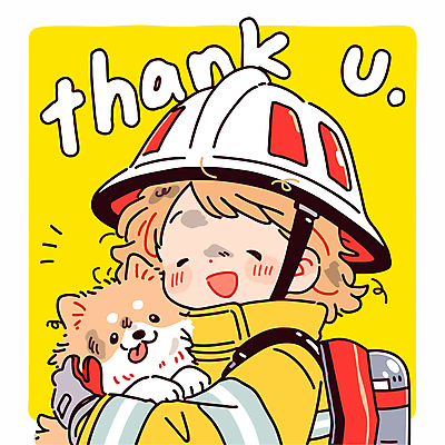 여자 일러스트 안기 한명 미소 상반신 성인 노란색 강아지 소방관 감사 땡큐 소방관모자 성인여자만 방호복 일러캐릭터 AI파일 캐릭터 모자_잡화 1 옷 감정 컬러 모션 표정 사람 반려동물 개 구조원 소방 여자만 성인만 파일형식 벡터