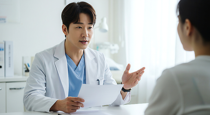 JPG 편집이미지 여자 남자 의학 병원 설명 성인 두명 앞모습 뒷모습 손들기 진료 환자 의사 상담 진료기록부 진료실 의료성형뷰티 성인만 편집실사 IC큐레이션 AI인물포토 AI콘텐츠 뷰포인트 모션 사람 의료진 CG 파일형식 AI포토