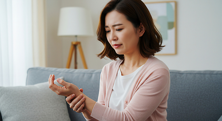 JPG 편집이미지 여자 중년 거실 한명 상반신 옆모습 고통 잡기 찡그림 질병 손목 갱년기 힘듦 의료성형뷰티 중년여자한명만 손목통증 편집실사 AI인물포토 AI콘텐츠 1 감정 뷰포인트 컨셉 의학 모션 표정 사람 성인 신체부위 CG 증상 여자한명만 중년여자만 파일형식 AI포토