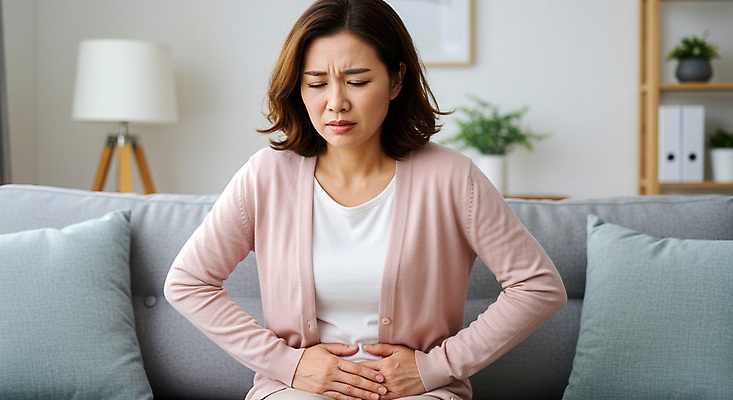 JPG 편집이미지 여자 중년 거실 한명 상반신 앞모습 고통 찡그림 질병 갱년기 복통 힘듦 의료성형뷰티 중년여자한명만 편집실사 AI인물포토 AI콘텐츠 1 감정 뷰포인트 컨셉 의학 표정 사람 성인 CG 증상 여자한명만 중년여자만 파일형식 AI포토