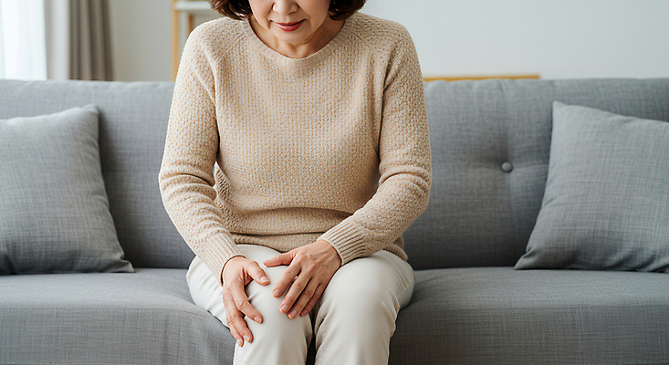 JPG 편집이미지 여자 중년 거실 한명 앉기 상반신 앞모습 고통 잡기 질병 무릎 갱년기 무릎통증 힘듦 의료성형뷰티 중년여자한명만 편집실사 AI인물포토 AI콘텐츠 1 감정 뷰포인트 컨셉 의학 모션 사람 성인 신체부위 CG 증상 여자한명만 중년여자만 파일형식 AI포토