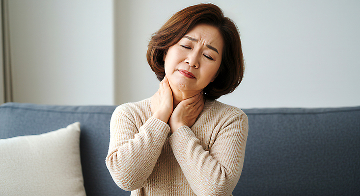 JPG 편집이미지 여자 중년 거실 한명 상반신 앞모습 고통 잡기 찡그림 질병 감싸기 갱년기 목통증 힘듦 의료성형뷰티 중년여자한명만 편집실사 AI인물포토 AI콘텐츠 1 감정 뷰포인트 컨셉 의학 모션 표정 사람 성인 CG 증상 여자한명만 중년여자만 파일형식 AI포토