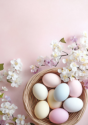 JPG 편집이미지 꽃 기독교 종교 분홍색 잎 사람없음 빛 바구니 나뭇가지 부활절계란 카피스페이스 편집실사 AI포토 AI콘텐츠 나무 식물 컬러 부활절 계란 공백 CG 파일형식