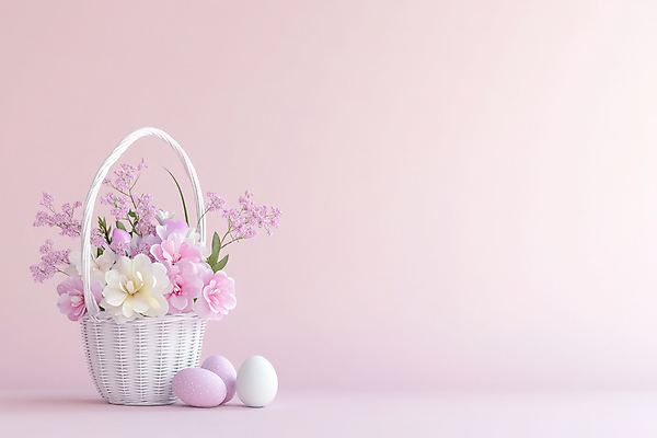 JPG 편집이미지 기독교 종교 분홍색 잎 사람없음 빛 부활절계란 꽃바구니 카피스페이스 편집실사 AI포토 AI콘텐츠 식물 꽃 컬러 부활절 바구니 계란 공백 CG 파일형식