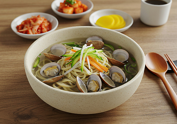 편집이미지 식기 음식 호박 조개 김치 뿌리채소 컵 받침대 CG 칼국수 파일형식 AI콘텐츠 당근 애호박 고명 물컵 수저받침대 수저 단무지 깍두기 반찬 사람없음 바지락 요리 식사 국물 그릇 JPG 바지락칼국수 이미지편집 편집실사 AI포토