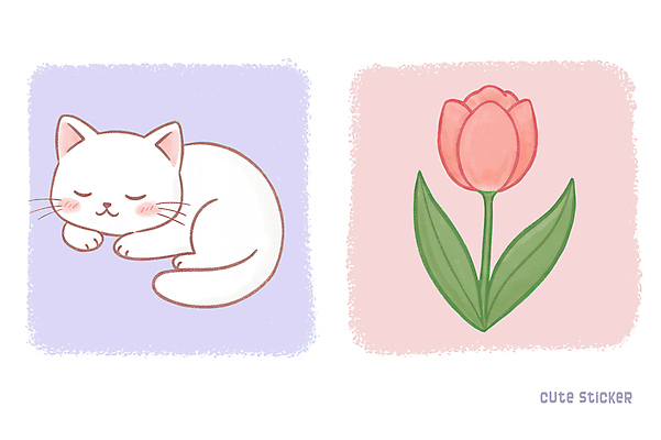 PSD 분홍색 스티커 잎 일러스트 사람없음 귀여움 고양이 튤립 잠 팬시 연보라색 국내일러스트 식물 꽃 컬러 컨셉 포유류 반려동물 보라색 파일형식