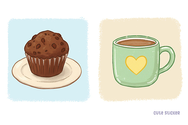 PSD 접시 커피 하늘색 스티커 일러스트 사람없음 귀여움 머그컵 하트 팬시 아이보리 초콜릿머핀 국내일러스트 모양 식기 음료 컬러 컨셉 컵 파란색 머핀 파일형식