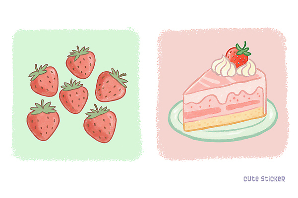 PSD 접시 분홍색 스티커 일러스트 사람없음 연두색 귀여움 조각케이크 팬시 딸기케이크 국내일러스트 식기 컬러 컨셉 딸기 초록색 케이크 파일형식