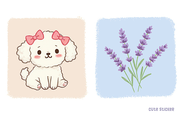 PSD 리본 하늘색 스티커 잎 일러스트 사람없음 귀여움 강아지 팬시 라벤더 연분홍색 국내일러스트 식물 꽃 분홍색 컨셉 파란색 반려동물 개 허브 파일형식