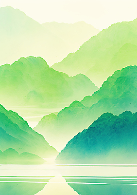 JPG 호수 일러스트 자연 풍경 사람없음 초록색 반사 고요 경관 산맥 국내일러스트 AI일러스트 AI콘텐츠 컬러 산 생태계 파일형식