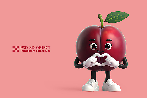 PSD 편집이미지 분홍색 운동화 3D캐릭터 미소 사람없음 3D 과일캐릭터 자두 손하트 편집3D 캐릭터 컬러 신발 과일 표정 손짓 디지털합성 파일형식