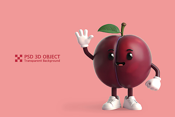 PSD 편집이미지 분홍색 운동화 3D캐릭터 미소 사람없음 3D 주먹 손인사 과일캐릭터 자두 편집3D 캐릭터 컬러 신발 과일 모션 표정 인사 디지털합성 파일형식
