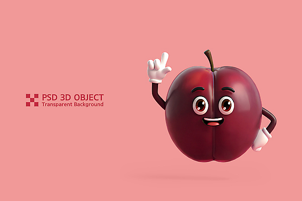 PSD 편집이미지 분홍색 허리손 손가락 3D캐릭터 미소 사람없음 3D 손들기 가리킴 과일캐릭터 자두 편집3D 캐릭터 손 컬러 포즈 과일 모션 표정 손짓 디지털합성 파일형식