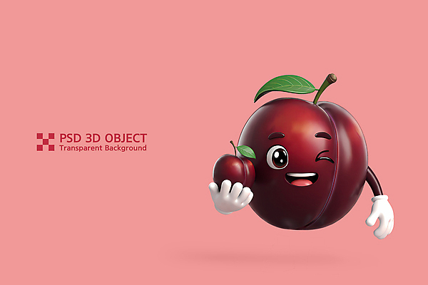 PSD 편집이미지 분홍색 잎 3D캐릭터 윙크 미소 들기 사람없음 3D 과일캐릭터 자두 편집3D 식물 캐릭터 컬러 과일 모션 표정 디지털합성 파일형식