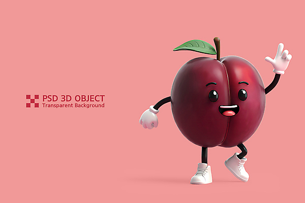PSD 편집이미지 분홍색 운동화 잎 3D캐릭터 미소 사람없음 3D 손들기 춤 과일캐릭터 자두 편집3D 식물 캐릭터 컬러 신발 과일 모션 문화예술 표정 디지털합성 파일형식