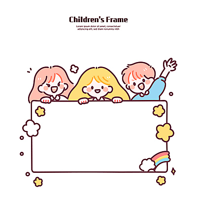 여자 남자 꽃 어린이 무지개 일러스트 웃음 소녀 소년 세명 반짝임 귀여움 팻말 잡기 손인사 파스텔톤 어린이만 국내일러스트 AI파일 자연요소 식물 컬러 컨셉 모션 프레임 표정 사람 인사 파일형식 벡터