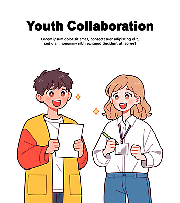 여자 남자 일러스트 회의 협력 대화 미소 들기 청년 두명 반짝임 펜 직장인 토론 문서 사원증 청년만 콜라보레이션 일러캐릭터 AI파일 직업 캐릭터 비즈니스 모션 표정 말하기 사람 성인 필기구 성인만 파일형식 벡터