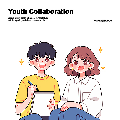 여자 남자 대학생 일러스트 협력 미소 들기 청년 두명 반짝임 연필 기록 문서 청년만 콜라보레이션 일러캐릭터 AI파일 캐릭터 학생 모션 학용품 표정 사람 성인 필기구 성인만 파일형식 벡터