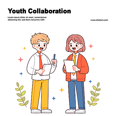 전신 여자 남자 대학생 잎 일러스트 협력 대화 미소 들기 청년 두명 반짝임 펜 문서 청년만 콜라보레이션 일러캐릭터 AI파일 식물 캐릭터 학생 모션 표정 말하기 사람 성인 필기구 성인만 파일형식 벡터