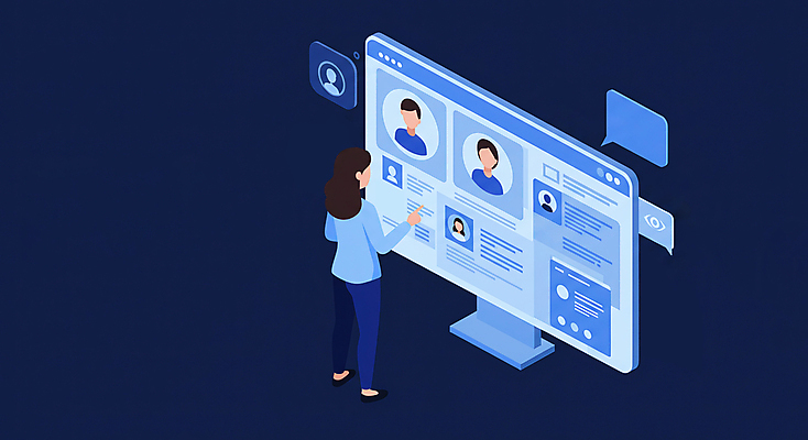 JPG 전신 여자 일러스트 비즈니스 사람모양 한명 성인 파란색 손들기 모니터 구직 선택 분석 채용 성인여자한명만 AI_인공지능 국내일러스트 AI일러스트 AI콘텐츠 모양 1 컬러 컨셉 모션 사람 컴퓨터 여자한명만 성인여자만 파일형식