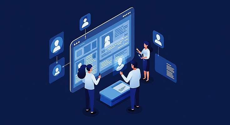 JPG 전신 여자 남자 일러스트 비즈니스 협력 사람모양 성인 세명 파란색 손들기 스크린 모니터 구직 구인 채용 성인만 AI_인공지능 국내일러스트 AI일러스트 AI콘텐츠 모양 컬러 컨셉 모션 사람 컴퓨터 파일형식