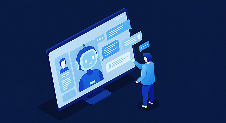 JPG 전신 남자 말풍선 일러스트 비즈니스 한명 성인 파란색 손들기 모니터 구직 로봇 분석 채용 성인남자한명만 AI_인공지능 국내일러스트 AI일러스트 AI콘텐츠 1 컬러 컨셉 모션 사람 컴퓨터 남자한명만 성인남자만 파일형식