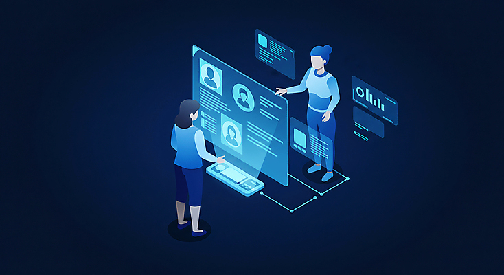 JPG 전신 여자 일러스트 비즈니스 성인 두명 파란색 손들기 스크린 구직 분석 채용 성인여자만 AI_인공지능 국내일러스트 AI일러스트 AI콘텐츠 컬러 컨셉 모션 사람 여자만 성인만 파일형식