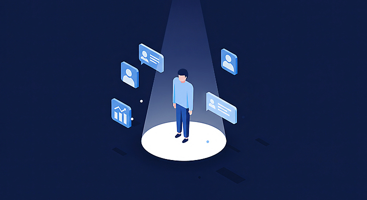 JPG 전신 남자 말풍선 일러스트 비즈니스 사람모양 한명 성인 파란색 구직 취업준비생 스포트라이트 채용 성인남자한명만 AI_인공지능 국내일러스트 AI일러스트 AI콘텐츠 모양 1 컬러 컨셉 사람 남자한명만 성인남자만 파일형식