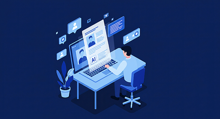 JPG 전신 남자 말풍선 일러스트 비즈니스 사람모양 한명 성인 파란색 컴퓨터 스크린 구직 분석 이력서 구인 채용 성인남자한명만 AI_인공지능 국내일러스트 AI일러스트 AI콘텐츠 모양 1 컬러 컨셉 사람 전자제품 남자한명만 성인남자만 파일형식