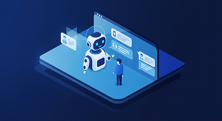 JPG 전신 남자 말풍선 일러스트 비즈니스 사람모양 대화 한명 성인 파란색 구직 로봇 분석 채용 성인남자한명만 AI_인공지능 국내일러스트 AI일러스트 AI콘텐츠 모양 1 컬러 컨셉 말하기 사람 남자한명만 성인남자만 파일형식