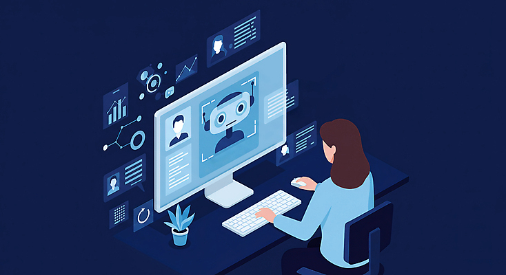 JPG 전신 여자 일러스트 비즈니스 한명 성인 파란색 모니터 구직 로봇 분석 채용 성인여자한명만 AI_인공지능 국내일러스트 AI일러스트 AI콘텐츠 1 컬러 컨셉 사람 컴퓨터 여자한명만 성인여자만 파일형식