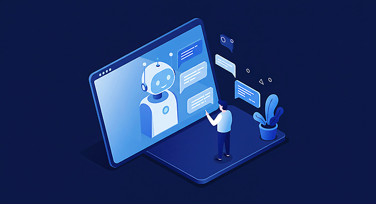 JPG 전신 남자 말풍선 일러스트 비즈니스 한명 성인 파란색 모니터 구직 로봇 분석 채용 성인남자한명만 AI_인공지능 국내일러스트 AI일러스트 AI콘텐츠 1 컬러 컨셉 사람 컴퓨터 남자한명만 성인남자만 파일형식