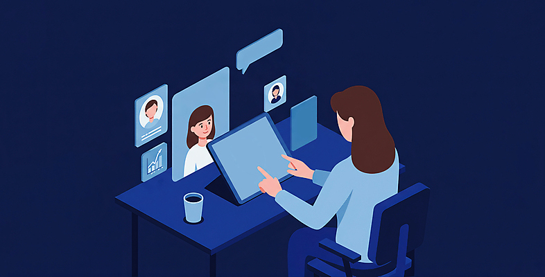 JPG 여자 말풍선 일러스트 비즈니스 사람모양 한명 성인 두명 파란색 태블릿 스크린 구직 분석 채용 성인여자만 비대면면접 AI_인공지능 국내일러스트 AI일러스트 AI콘텐츠 모양 1 컬러 컨셉 사람 전자제품 스마트기기 면접 여자만 성인만 파일형식 언택트