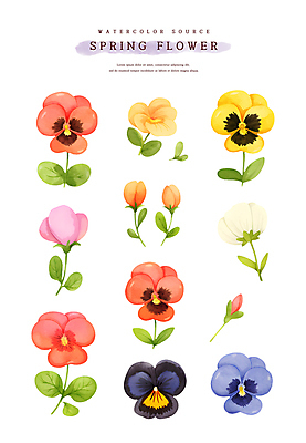 PSD 계절 꽃 스티커 잎 일러스트 봄꽃 자연 수채화 사람없음 세트 컬러풀 봄 소스 꽃봉오리 팬지 엘리먼트 국내일러스트 식물 컬러 양념 생태계 파일형식